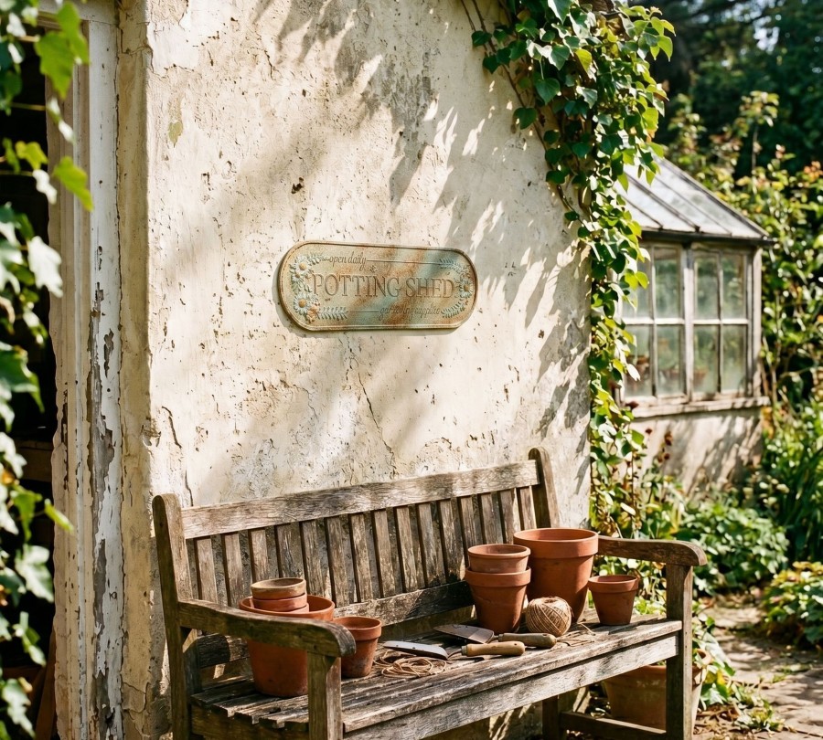 Potting Shed kovová nástenná ceduľa | Béžová palast.sk