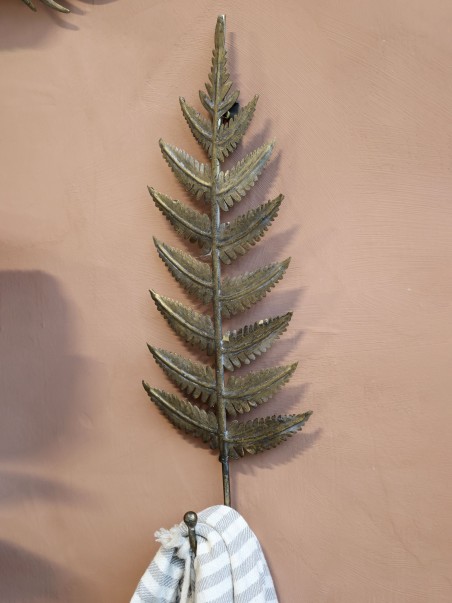 Veľký kovový háčik s motívom listu – Starožitná mosadz (36 cm)