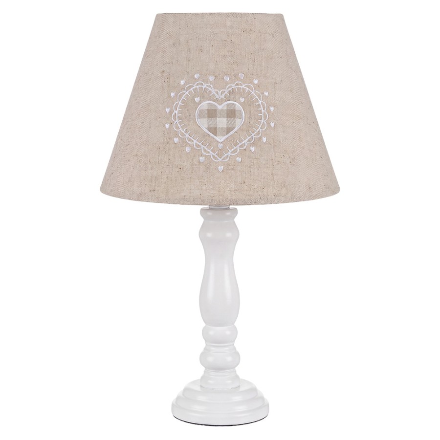 Romantická stolová lampa Clayre & Eef s drevenou podstavou a béžovým tienidlom so srdcom. Štýlové osvetlenie do spálne, obývačky