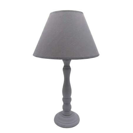 Šedá Vintage drevená stolná lampa s textilným tienidlom