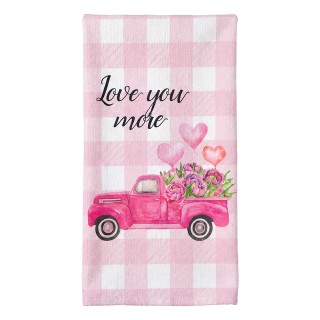 Ružový uterák pre hostí s vintage autom a nápisom Love You More
