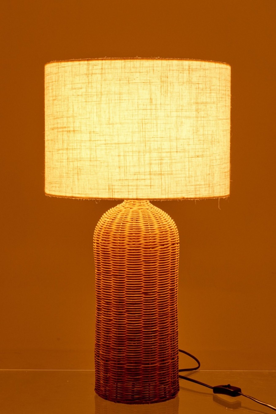 Stolová lampa Cylinder s pleteným valcovým podstavcom a smotanovým tienidlom